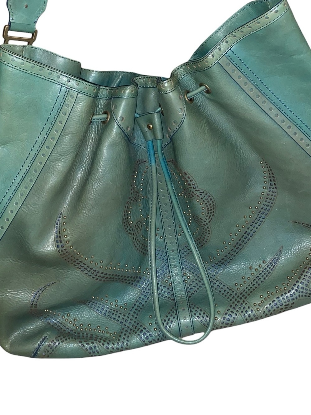 Y2K Vintage Cole Haan Teal Leather Drawstring brass studded Hobo Bag Boho fairy - Picture 3 of 13